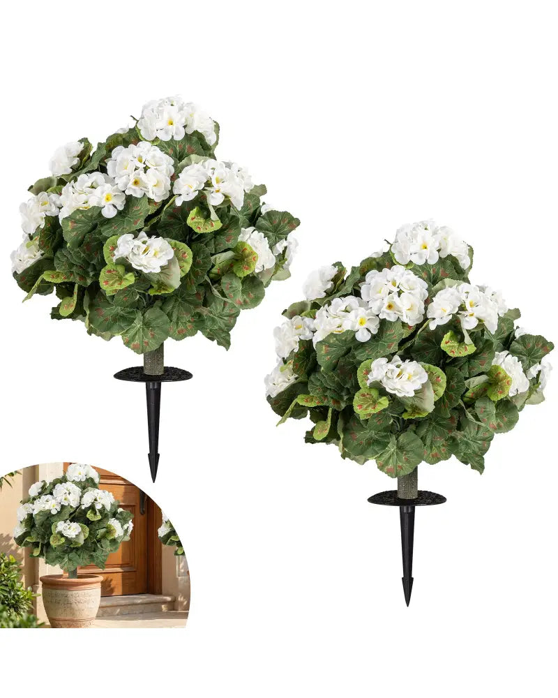 Artificial Begonia Ball Trees Set of 2 13 inch Fake Evergreen Shrubs with Ground Spikes-White - White - Faux Plants