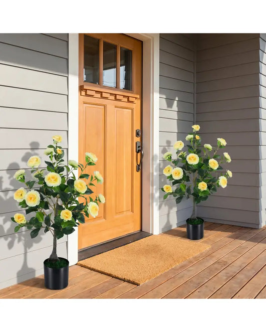 Artificial Camellia Tree Faux Flower Plant in Cement-Filled Pot-Yellow - Yellow - Faux Plants