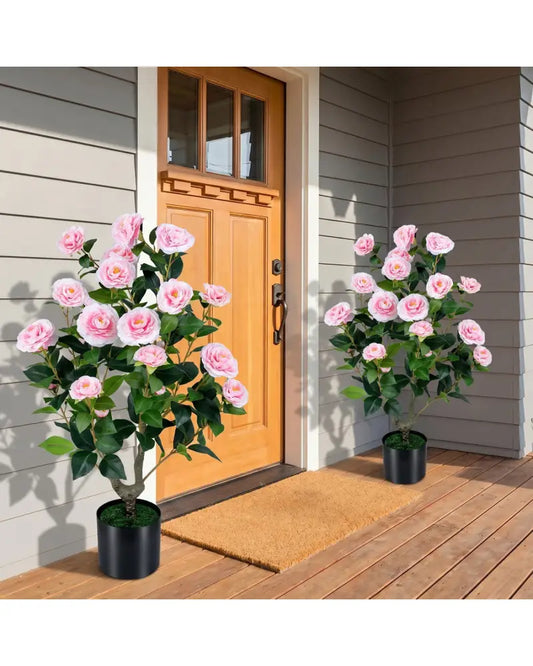 Artificial Camellia Tree Faux Flower Plant in Cement-Filled Pot-Pink - Pink - Faux Plants