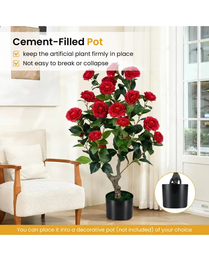Artificial Camellia Tree Faux Flower Plant in Cement-Filled Pot=Red - Red - Faux Plants