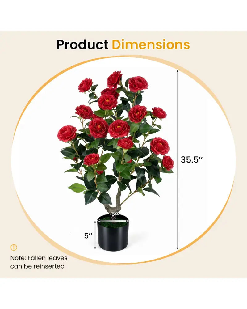 Artificial Camellia Tree Faux Flower Plant in Cement-Filled Pot=Red - Red - Faux Plants