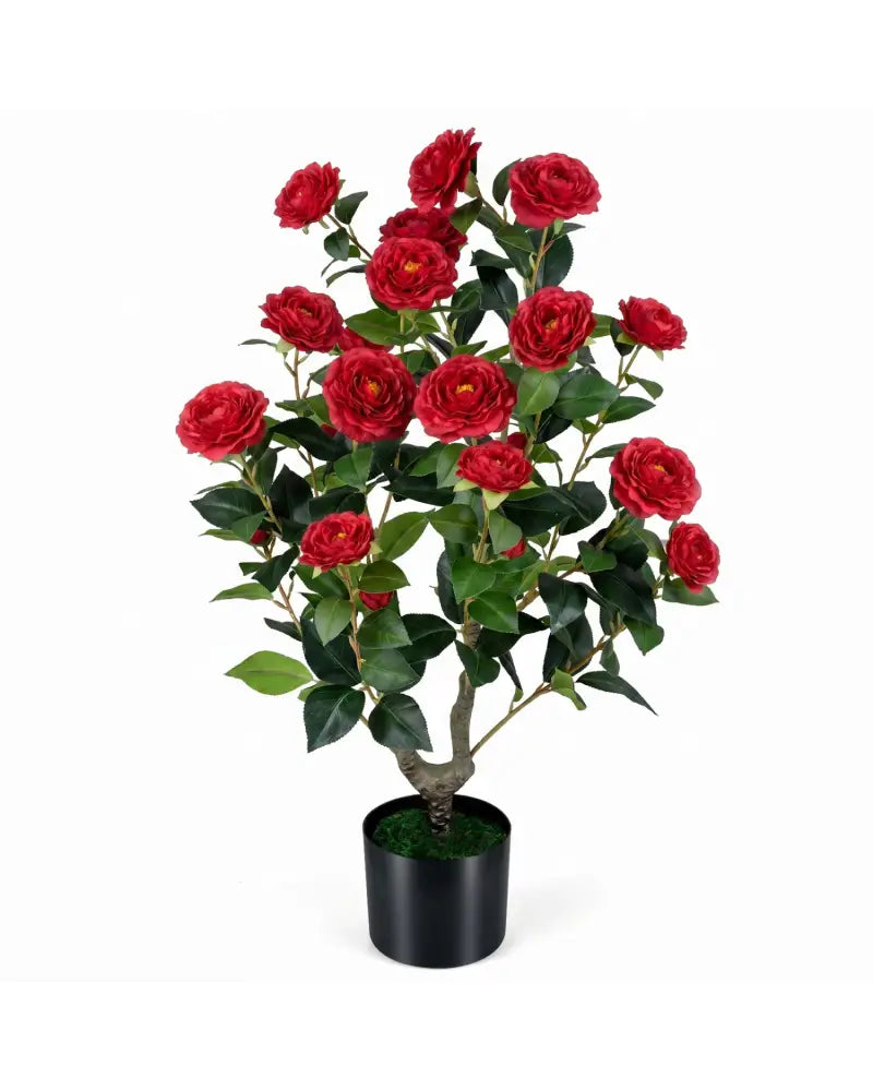 Artificial Camellia Tree Faux Flower Plant in Cement-Filled Pot=Red - Red - Faux Plants