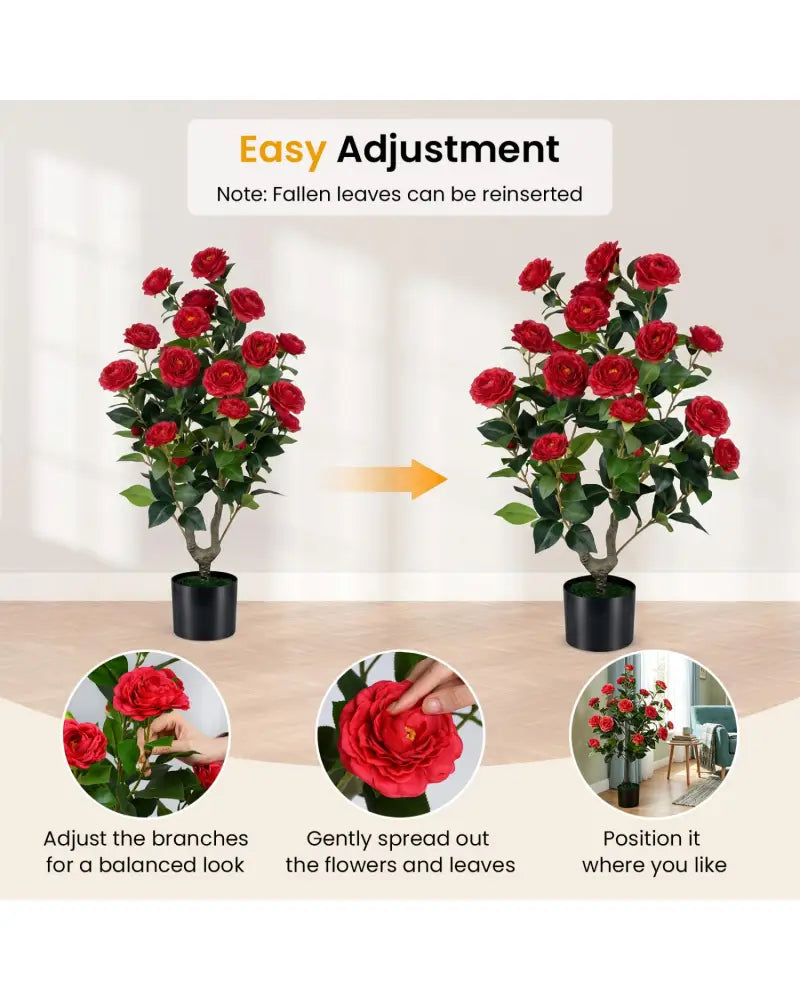 Artificial Camellia Tree Faux Flower Plant in Cement-Filled Pot=Red - Red - Faux Plants