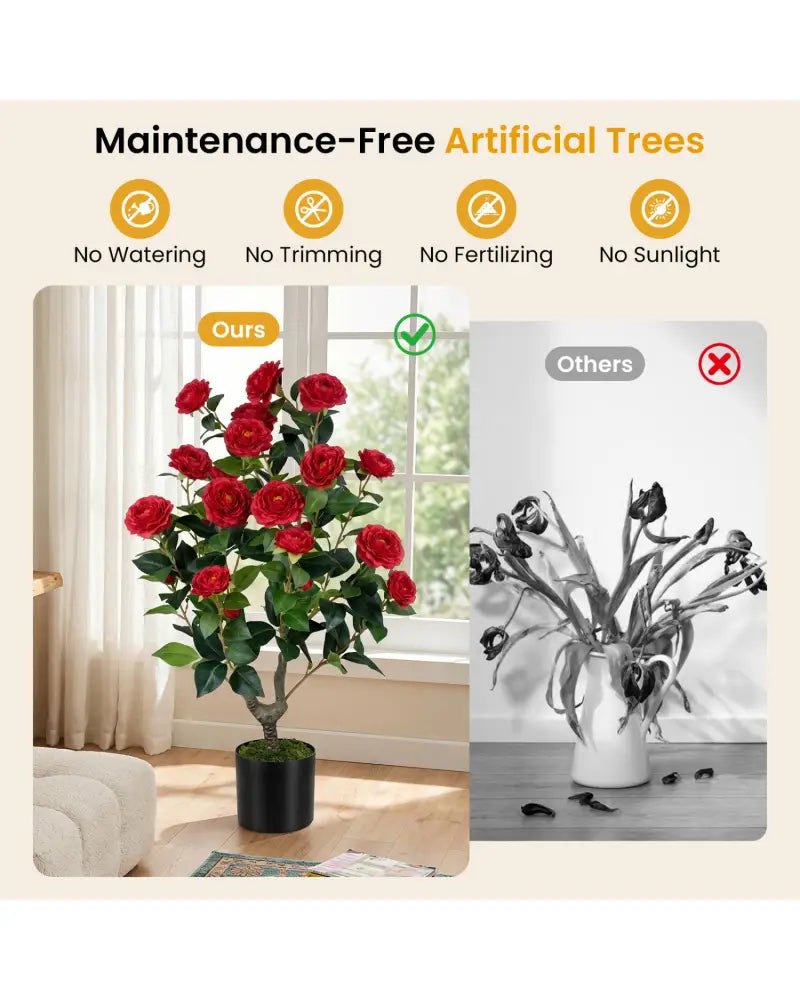 Artificial Camellia Tree Faux Flower Plant in Cement-Filled Pot=Red - Red - Faux Plants