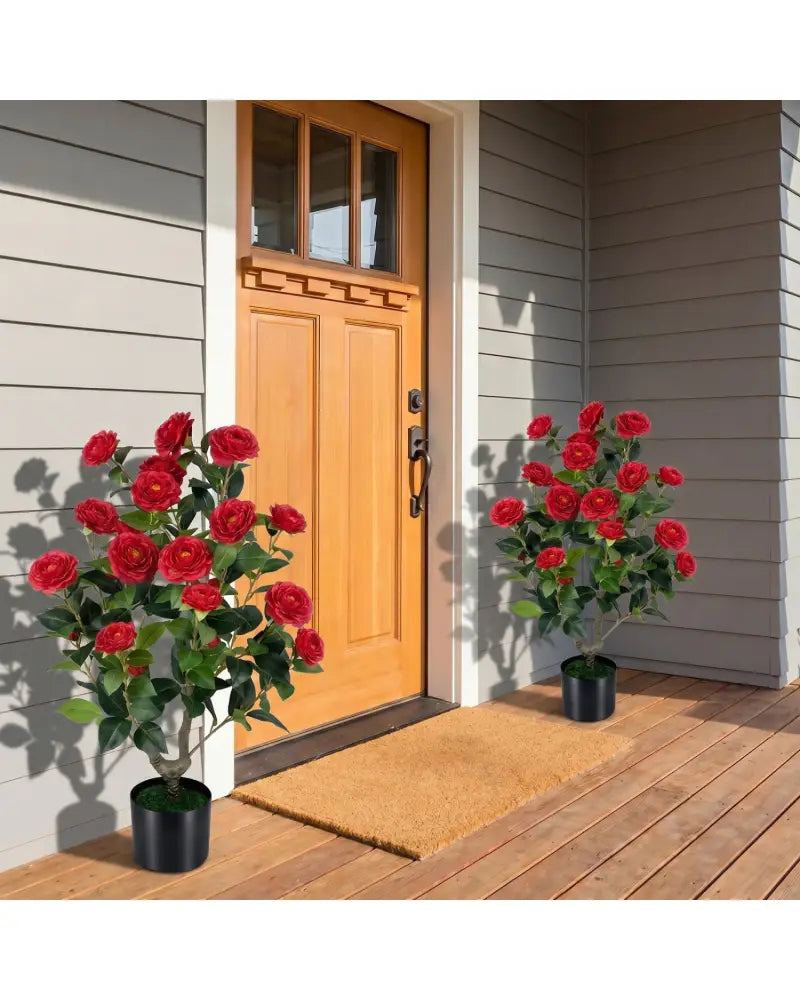 Artificial Camellia Tree Faux Flower Plant in Cement-Filled Pot=Red - Red - Faux Plants