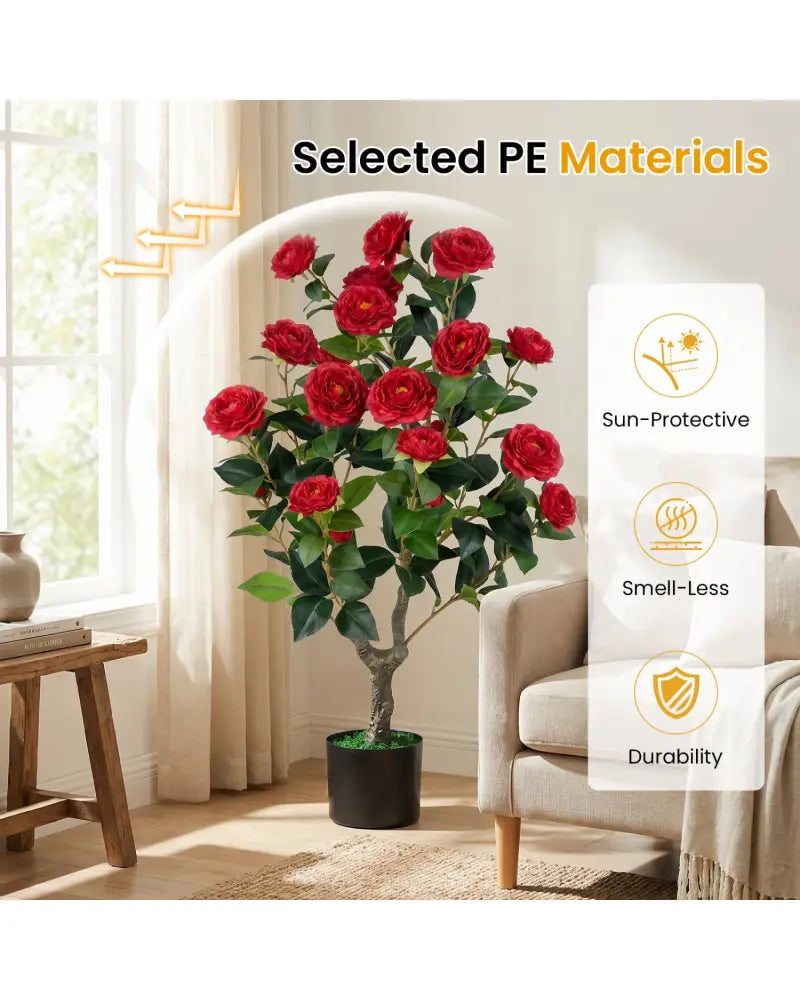 Artificial Camellia Tree Faux Flower Plant in Cement-Filled Pot=Red - Red - Faux Plants
