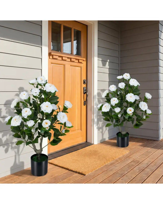 Artificial Camellia Tree Faux Flower Plant in Cement-Filled Pot-White - White - Faux Plants
