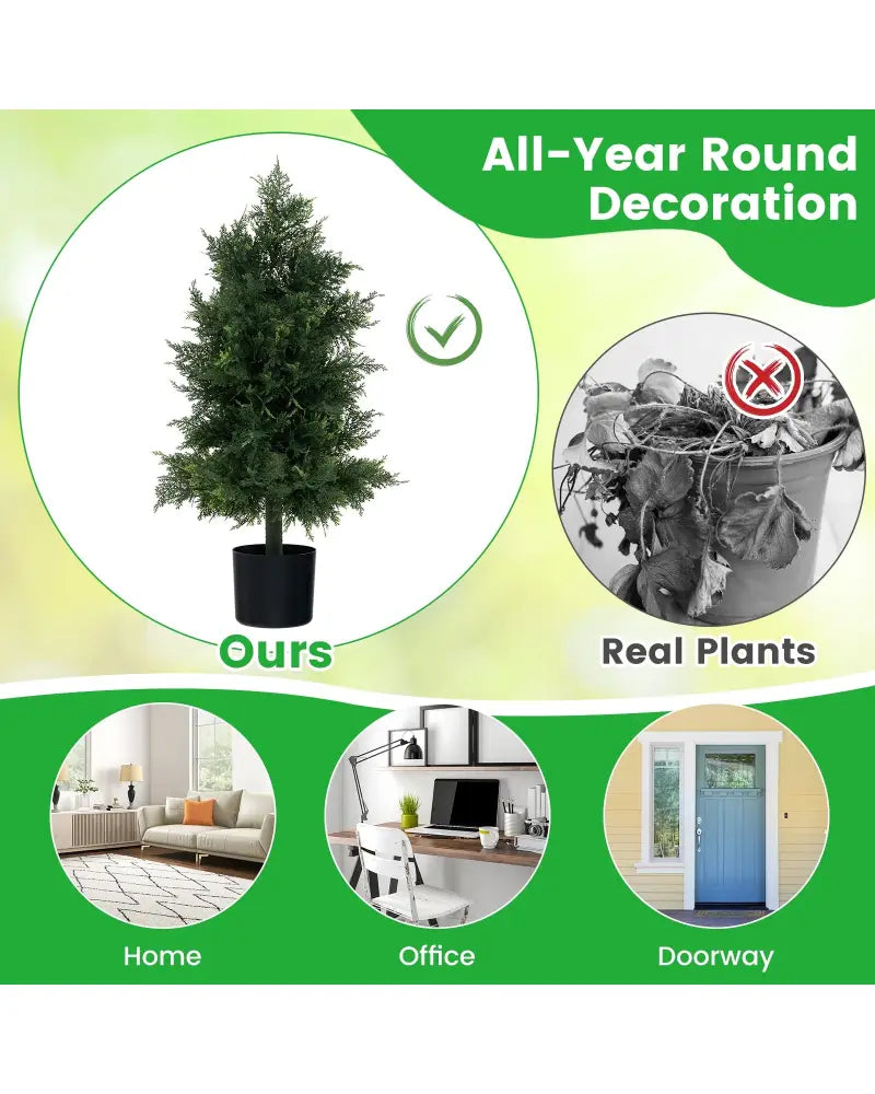 Artificial Cedar Topiary Tree with Plastic Nursery Pot for Porch and Office - Black & Green - Faux Plants