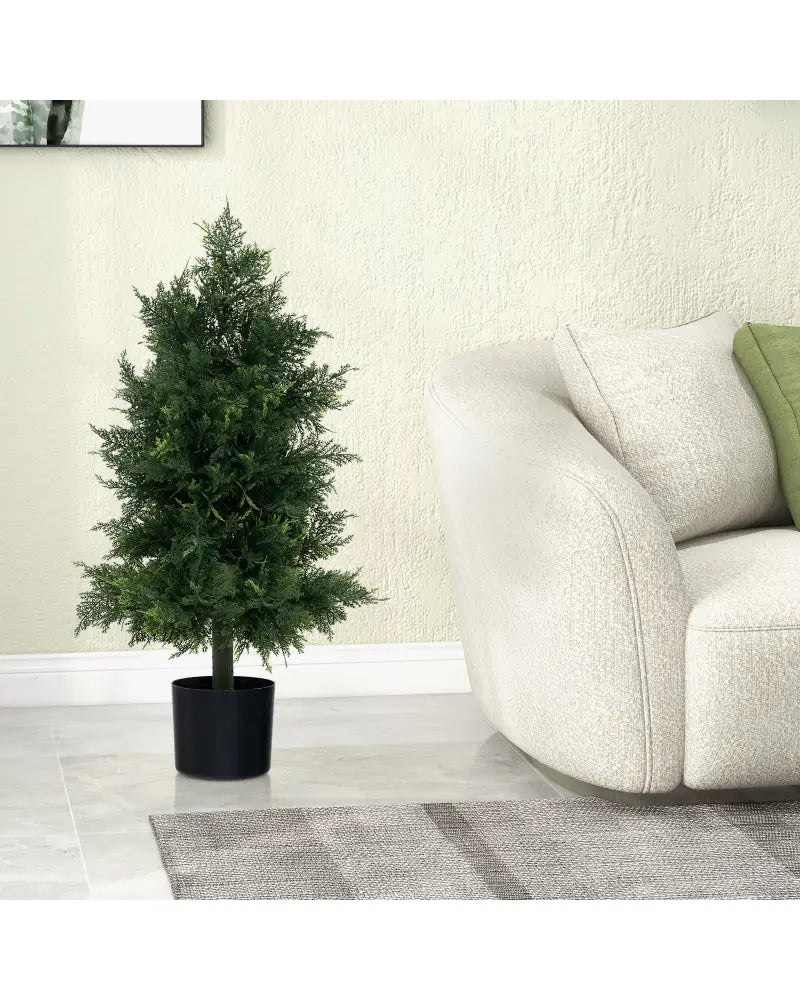 Artificial Cedar Topiary Tree with Plastic Nursery Pot for Porch and Office - Black & Green - Faux Plants