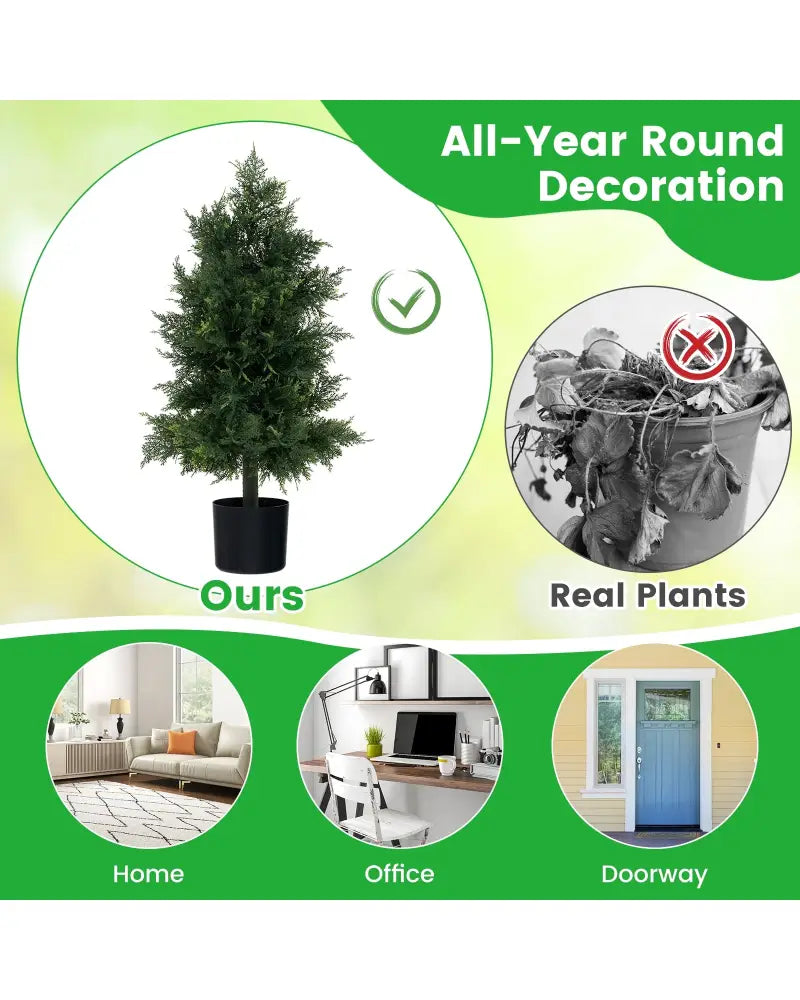 Artificial Cedar Topiary Tree with Plastic Nursery Pot for Porch and Office - Black & Green - Faux Plants