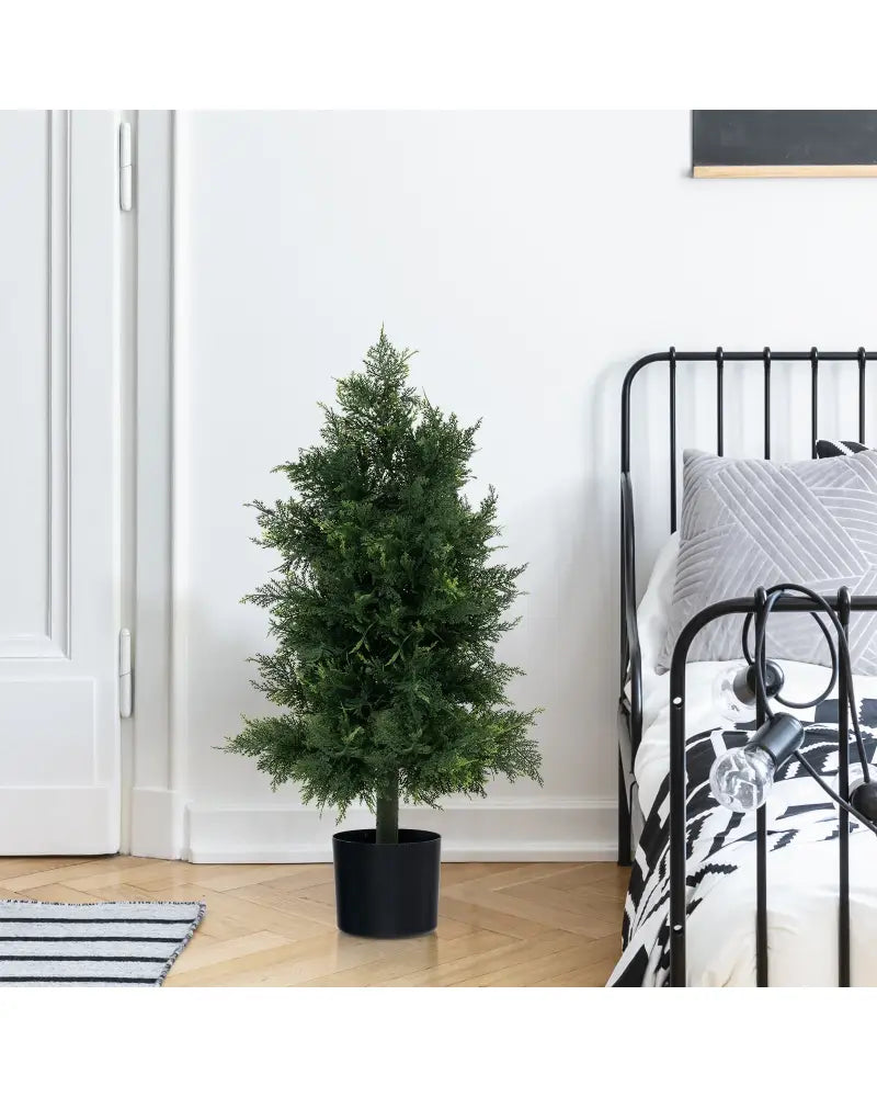 Artificial Cedar Topiary Tree with Plastic Nursery Pot for Porch and Office - Black & Green - Faux Plants