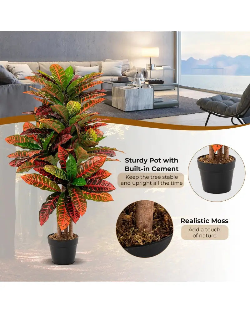 Artificial Croton Plant 40 Inch Tall Fake Croton Palm Tree with Colorful Variegated Leaves and Pot - Red - Faux Plants