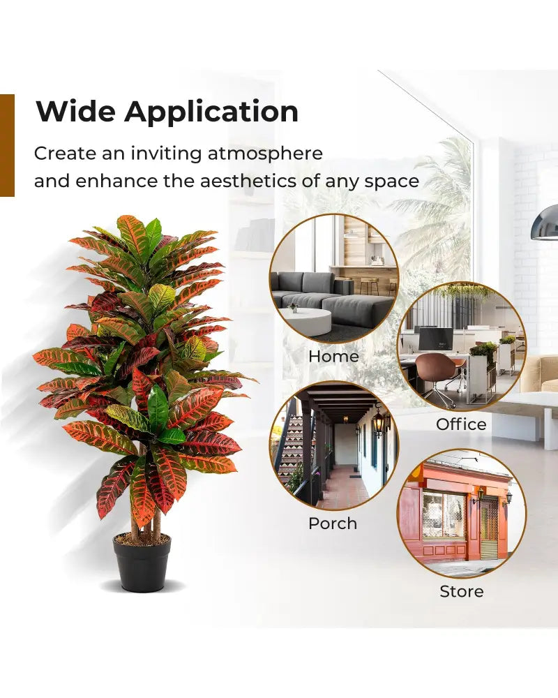 Artificial Croton Plant 40 Inch Tall Fake Croton Palm Tree with Colorful Variegated Leaves and Pot - Red - Faux Plants