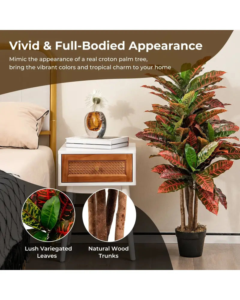 Artificial Croton Plant 40 Inch Tall Fake Croton Palm Tree with Colorful Variegated Leaves and Pot - Red - Faux Plants