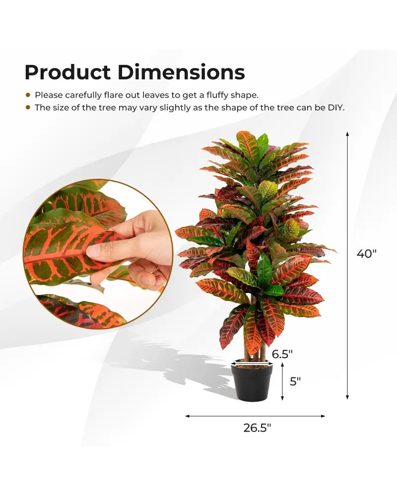 Artificial Croton Plant 40 Inch Tall Fake Croton Palm Tree with Colorful Variegated Leaves and Pot - Red - Faux Plants
