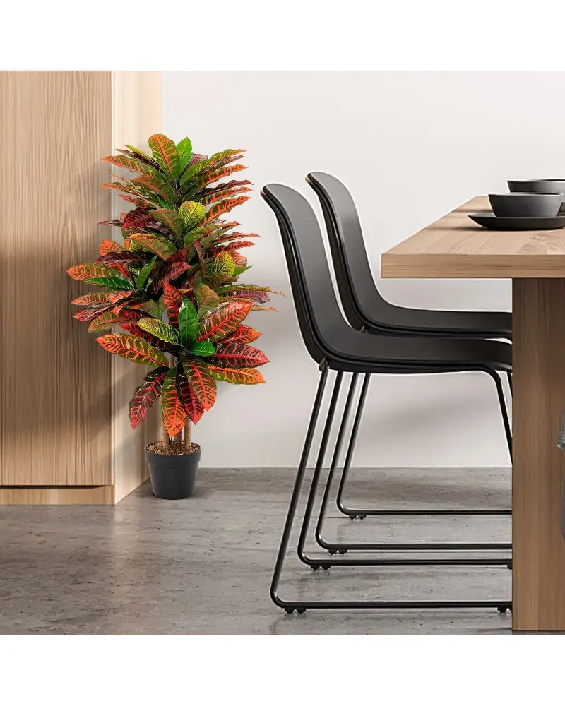 Artificial Croton Plant 40 Inch Tall Fake Croton Palm Tree with Colorful Variegated Leaves and Pot - Red - Faux Plants