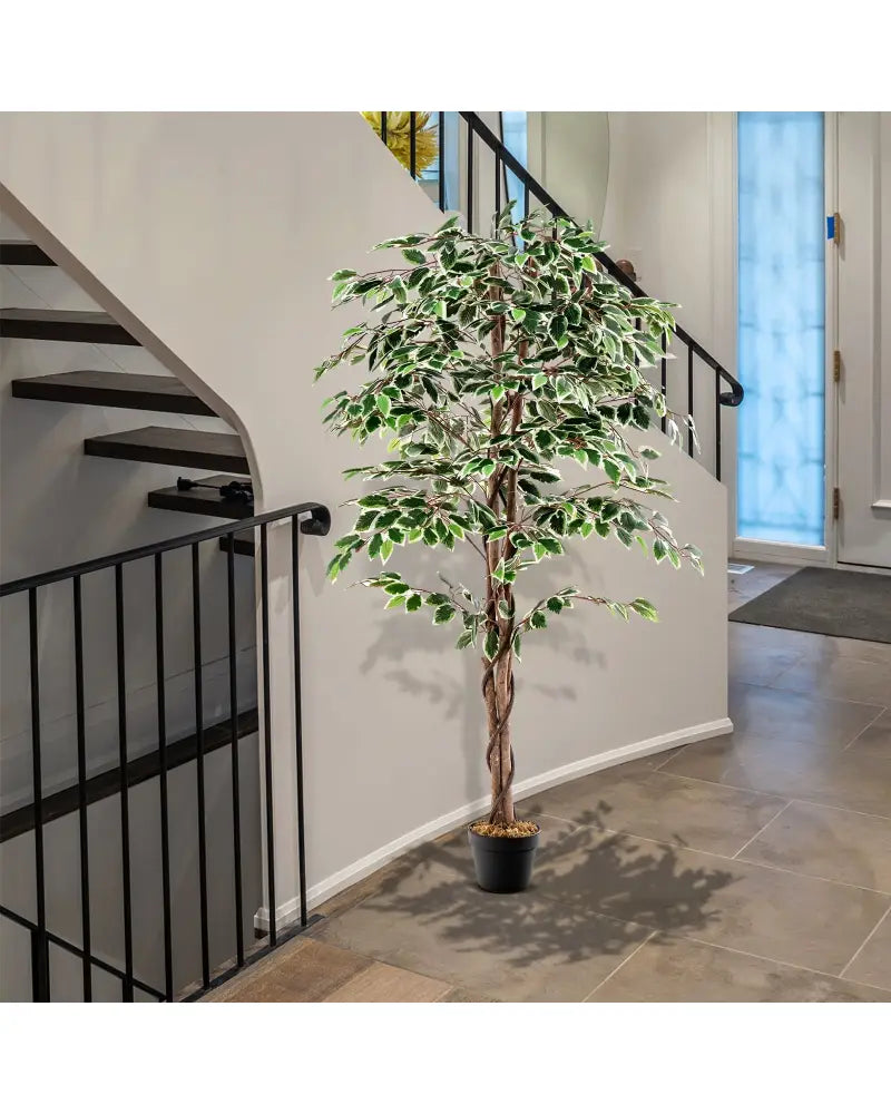 Artificial Ficus Tree Tall Faux Indoor Plant with 1008 Leaves Nursery Pot and Dried Moss - Green - Faux Plants