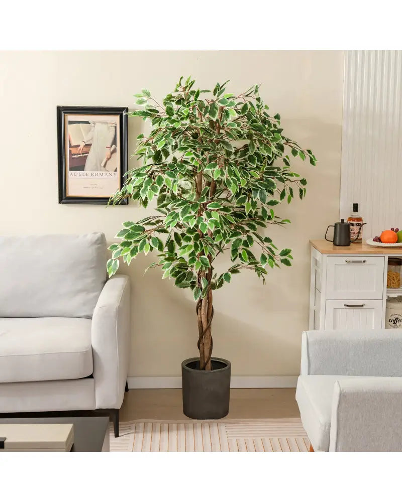 Artificial Ficus Tree Tall Faux Indoor Plant with 1008 Leaves Nursery Pot and Dried Moss - Green - Faux Plants