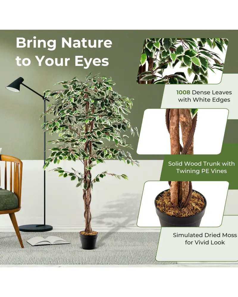 Artificial Ficus Tree Tall Faux Indoor Plant with 1008 Leaves Nursery Pot and Dried Moss - Green - Faux Plants