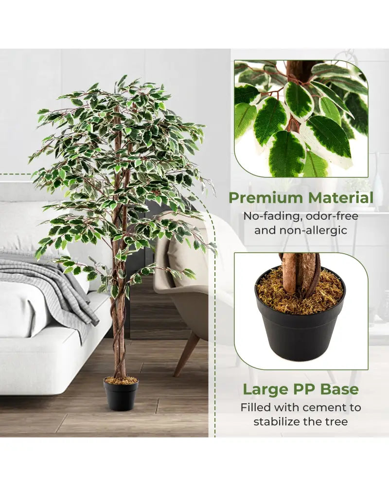 Artificial Ficus Tree Tall Faux Indoor Plant with 1008 Leaves Nursery Pot and Dried Moss - Green - Faux Plants