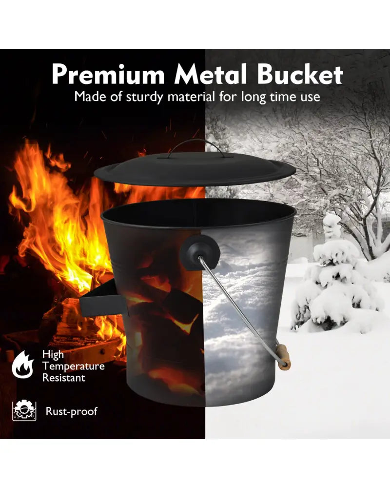 Ash Bucket with Lid and Cut-resistant Gloves-Black - Black - Fireplace Tools