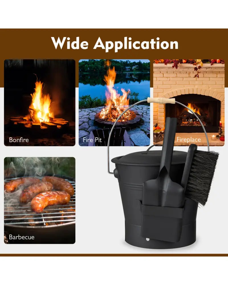 Ash Bucket with Lid and Cut-resistant Gloves-Black - Black - Fireplace Tools