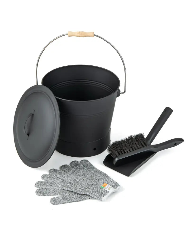 Ash Bucket with Lid and Cut-resistant Gloves-Black - Black - Fireplace Tools