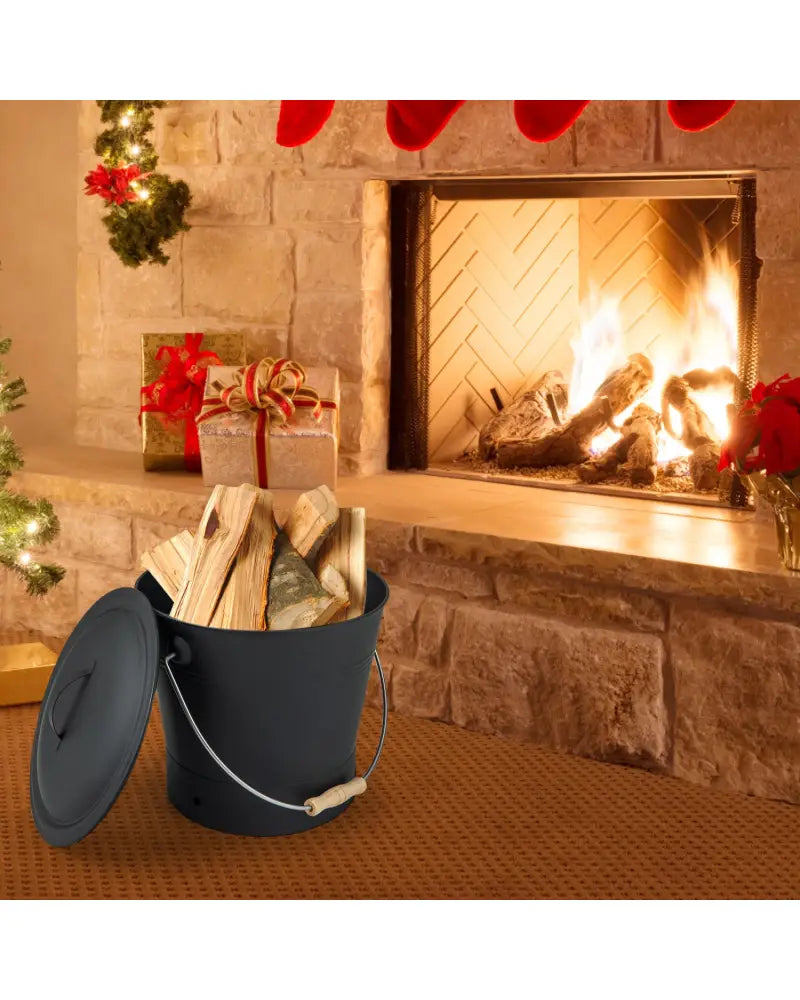 Ash Bucket with Lid and Cut-resistant Gloves-Black - Black - Fireplace Tools