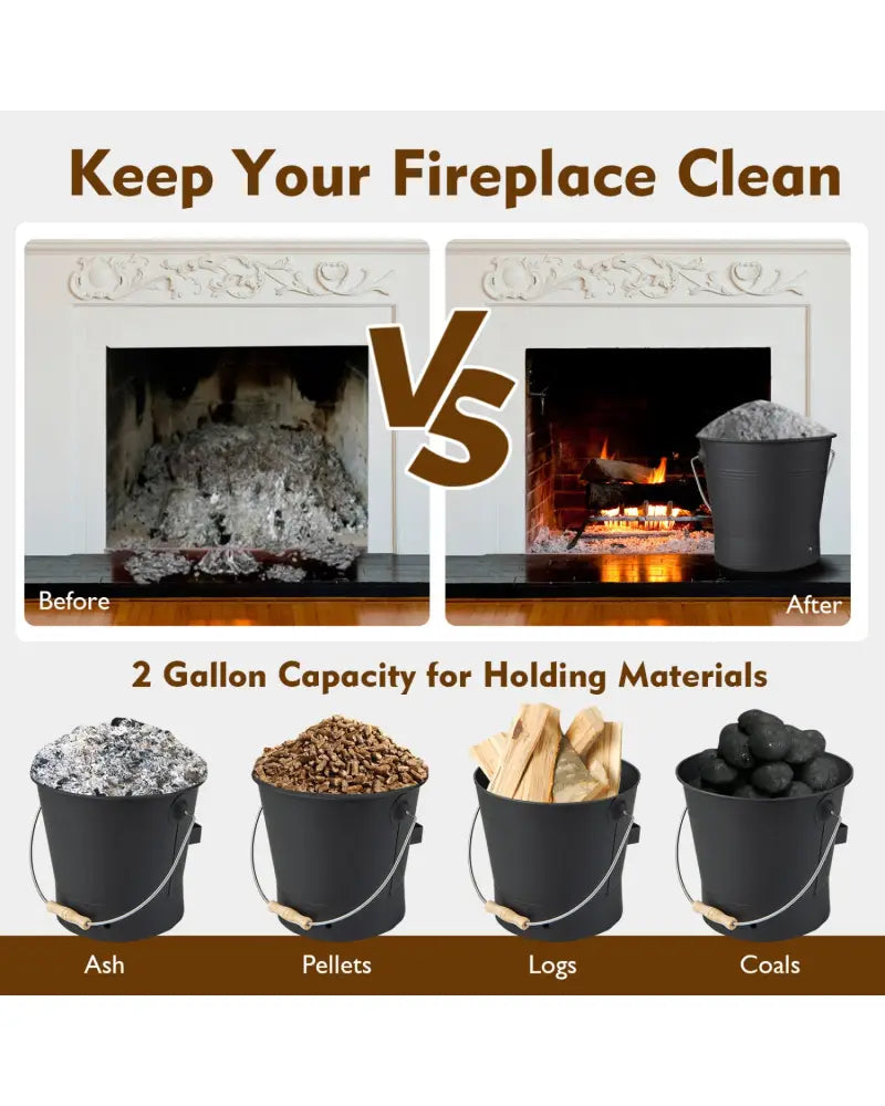 Ash Bucket with Lid and Cut-resistant Gloves-Black - Black - Fireplace Tools