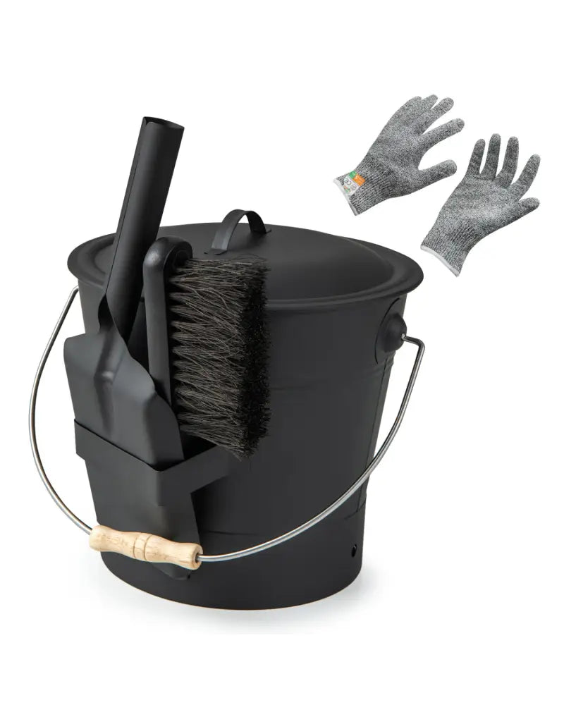 Ash Bucket with Lid and Cut-resistant Gloves-Black - Black - Fireplace Tools