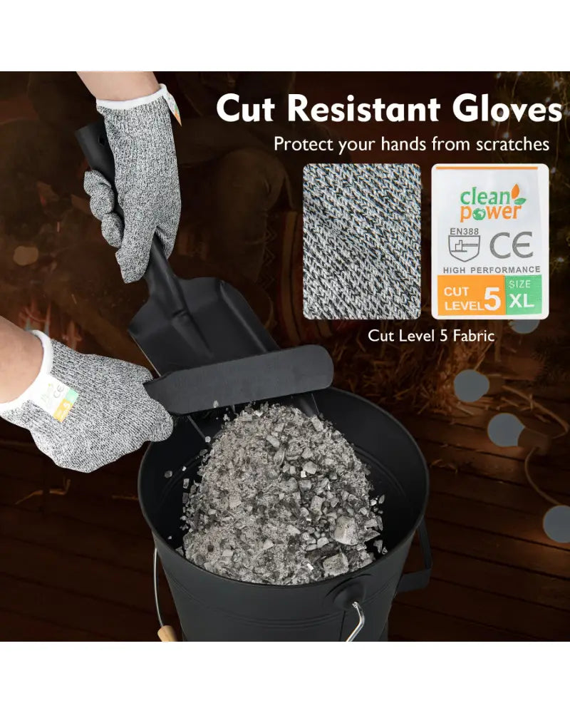 Ash Bucket with Lid and Cut-resistant Gloves-Black - Black - Fireplace Tools