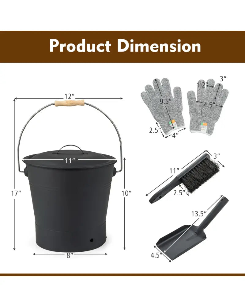 Ash Bucket with Lid and Cut-resistant Gloves-Black - Black - Fireplace Tools