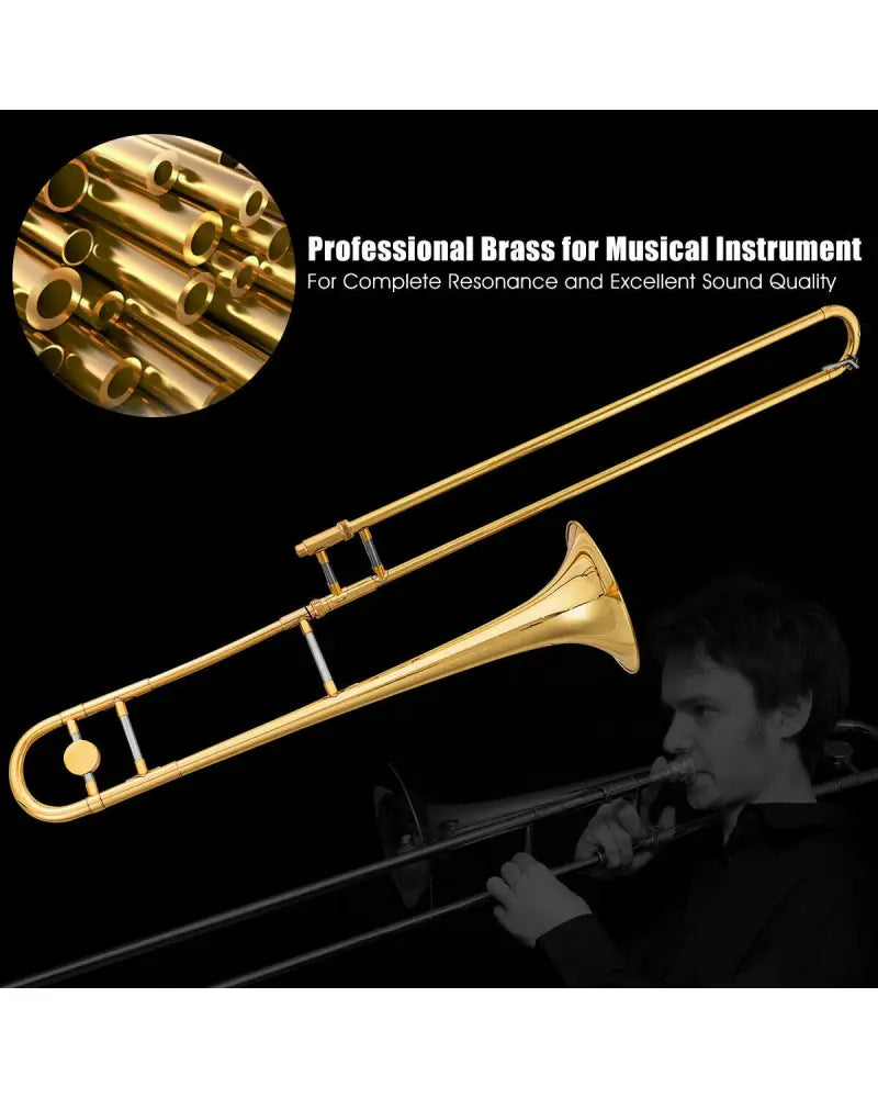 B Flat Trombone Golden Brass with Mouthpiece - Golden - Musical Instruments