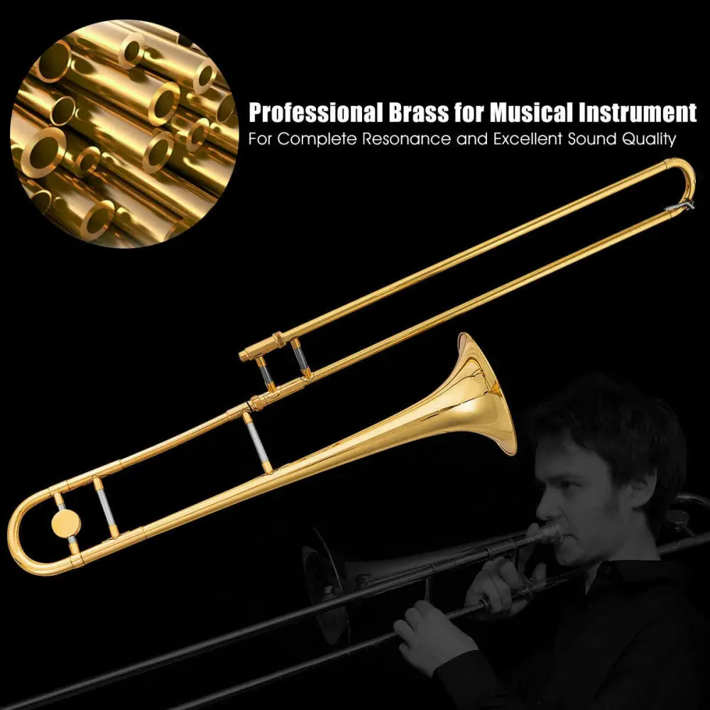 B Flat Trombone Golden Brass with Mouthpiece - Golden - Musical Instruments