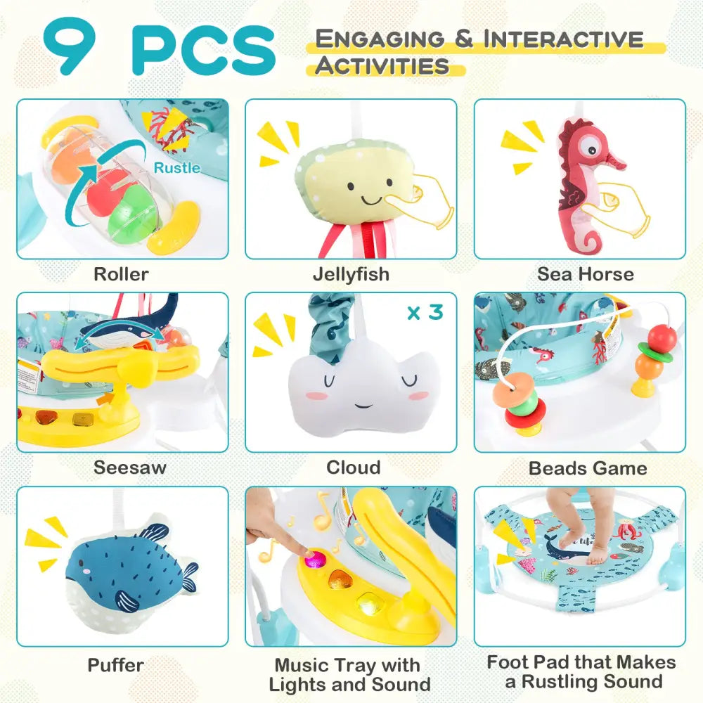 Baby Activity Center Height Adjustable Baby Bouncing Saucer with Interactive Toys-Light Blue - Light Blue - Baby Gyms &