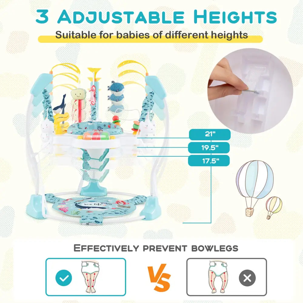 Baby Activity Center Height Adjustable Baby Bouncing Saucer with Interactive Toys-Light Blue - Light Blue - Baby Gyms &