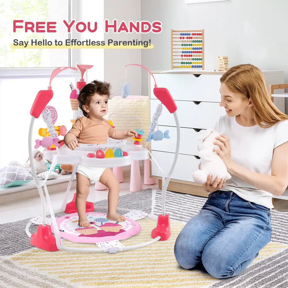 Baby Activity Center Height Adjustable Baby Bouncing Saucer with Interactive Toys-Pink - Pink - Baby Gyms & Playmats