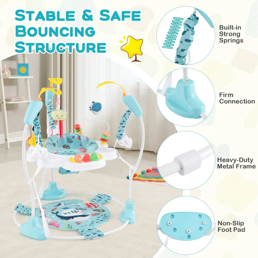 Baby Activity Center Height Adjustable Baby Bouncing Saucer with Interactive Toys-Light Blue - Light Blue - Baby Gyms &