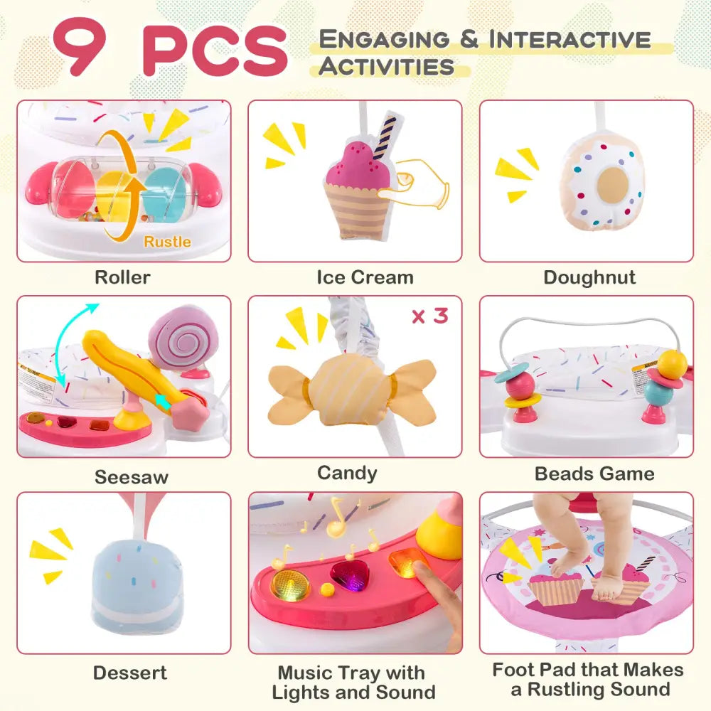 Baby Activity Center Height Adjustable Baby Bouncing Saucer with Interactive Toys-Pink - Pink - Baby Gyms & Playmats