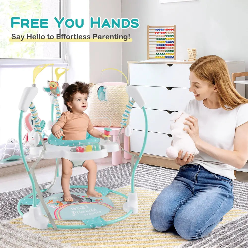 Baby Activity Center Height Adjustable Baby Bouncing Saucer with Interactive Toys-Blue - Blue - Baby Gyms & Playmats