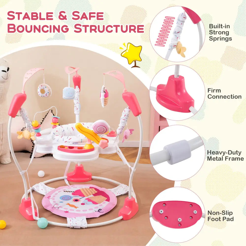 Baby Activity Center Height Adjustable Baby Bouncing Saucer with Interactive Toys-Pink - Pink - Baby Gyms & Playmats