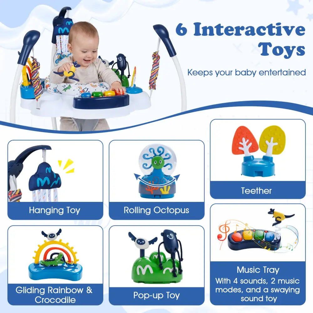 Baby Activity Center Baby Jumper and Bouncer with 6 Interactive Toys Lights and Music-Blue - Blue - Baby Gyms & Playmats