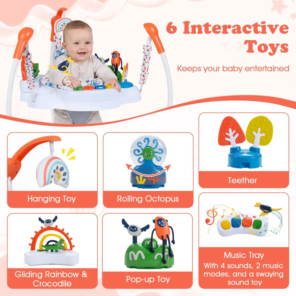 Baby Activity Center Baby Jumper and Bouncer with 6 Interactive Toys Lights and Music-Orange - Orange - Baby Gyms &