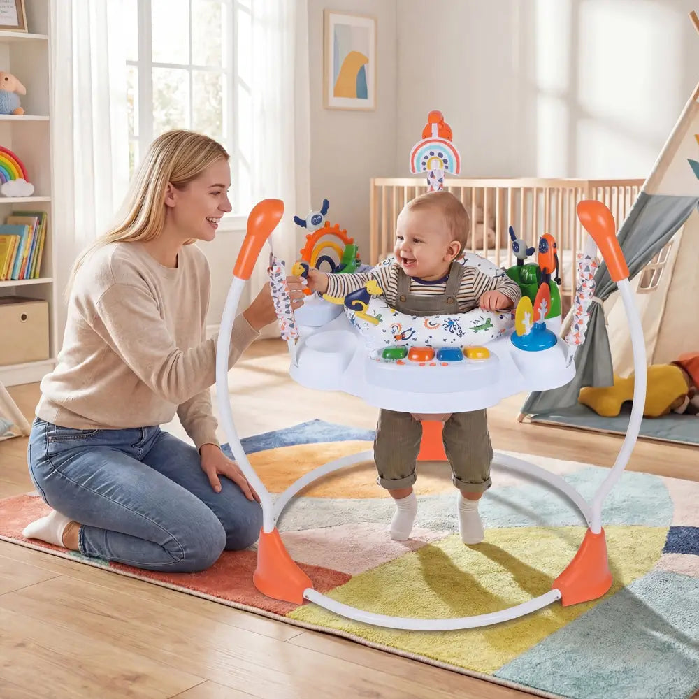 Baby Activity Center Baby Jumper and Bouncer with 6 Interactive Toys Lights and Music-Orange - Orange - Baby Gyms &