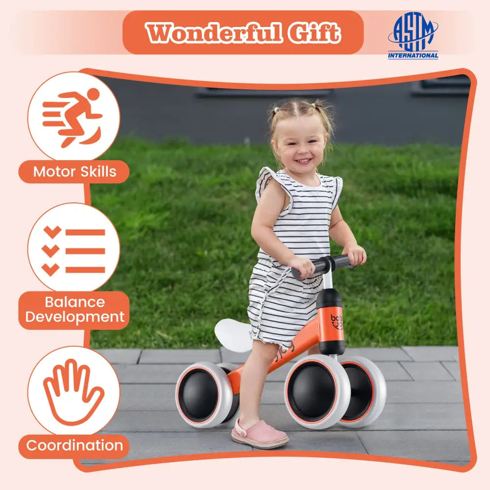 Baby Balance Bike for 2 Years Old Boys Girls No Pedal 4 Wheels-Orange - Orange - Balance Bikes