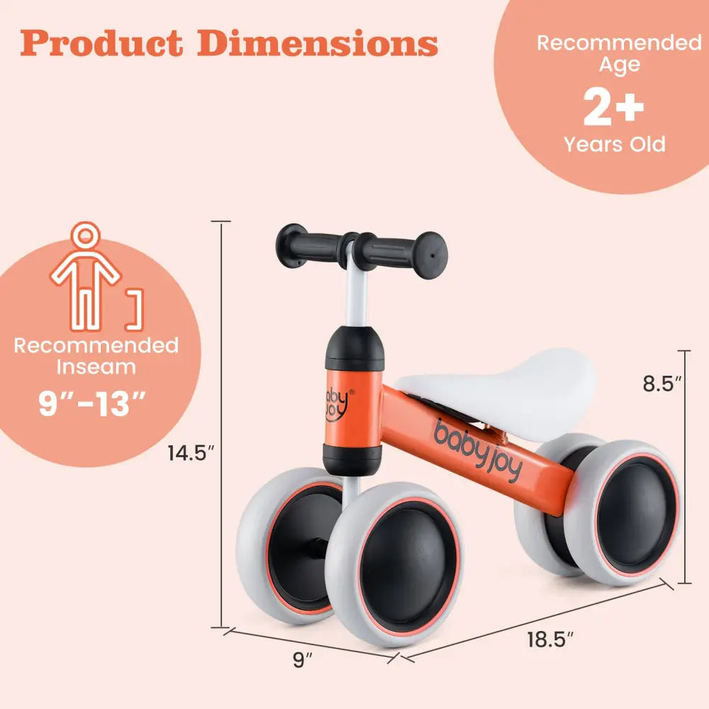 Baby Balance Bike for 2 Years Old Boys Girls No Pedal 4 Wheels-Orange - Orange - Balance Bikes