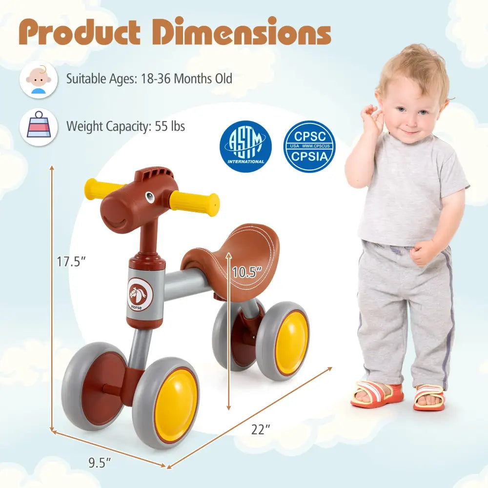 Baby Balance Bike No Pedal 4-Wheel Bicycle-Brown - Brown - Balance Bikes