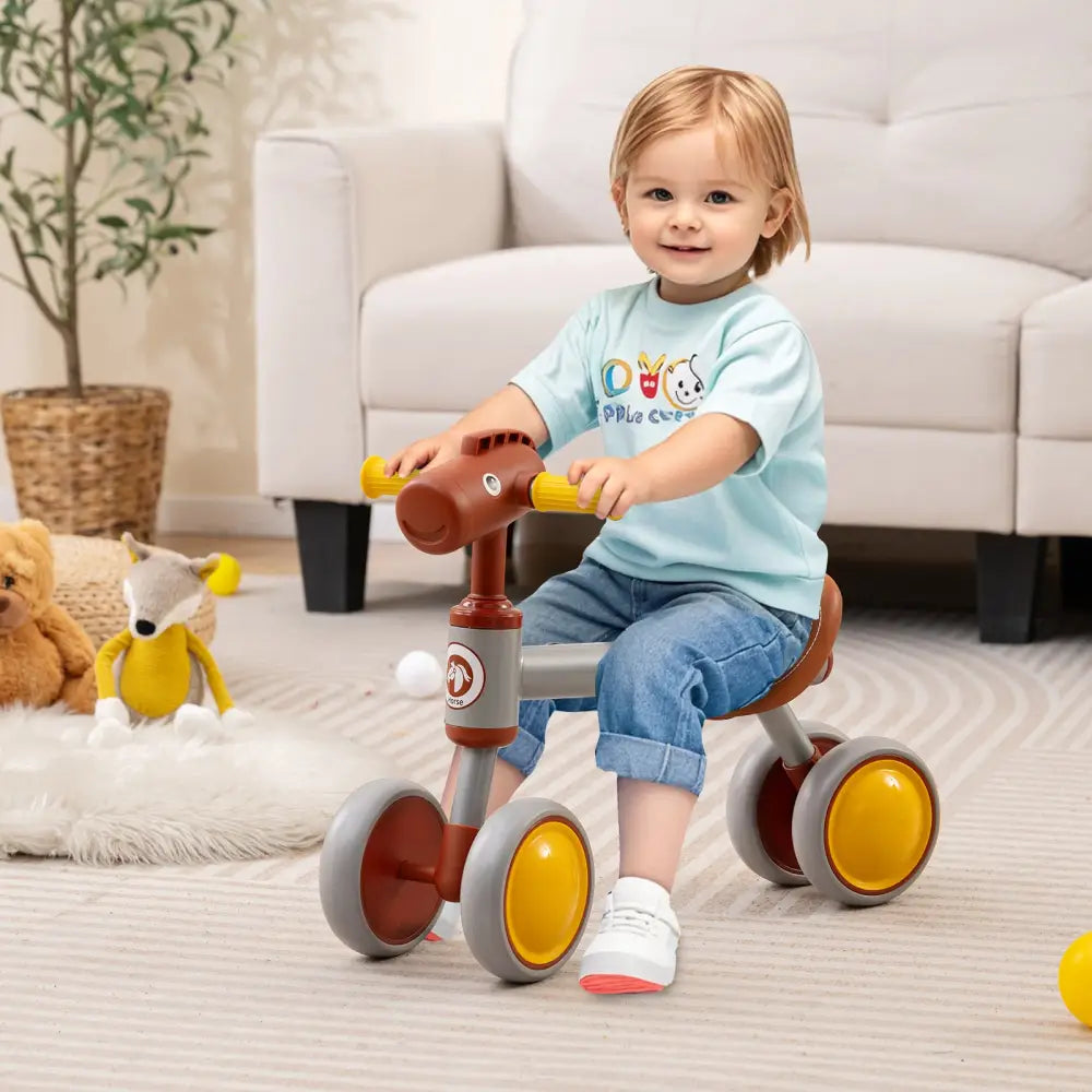 Baby Balance Bike No Pedal 4-Wheel Bicycle-Brown - Brown - Balance Bikes