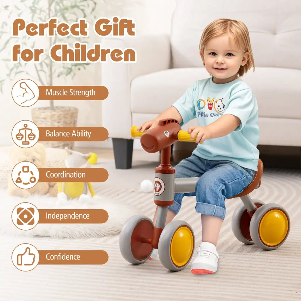 Baby Balance Bike No Pedal 4-Wheel Bicycle-Brown - Brown - Balance Bikes