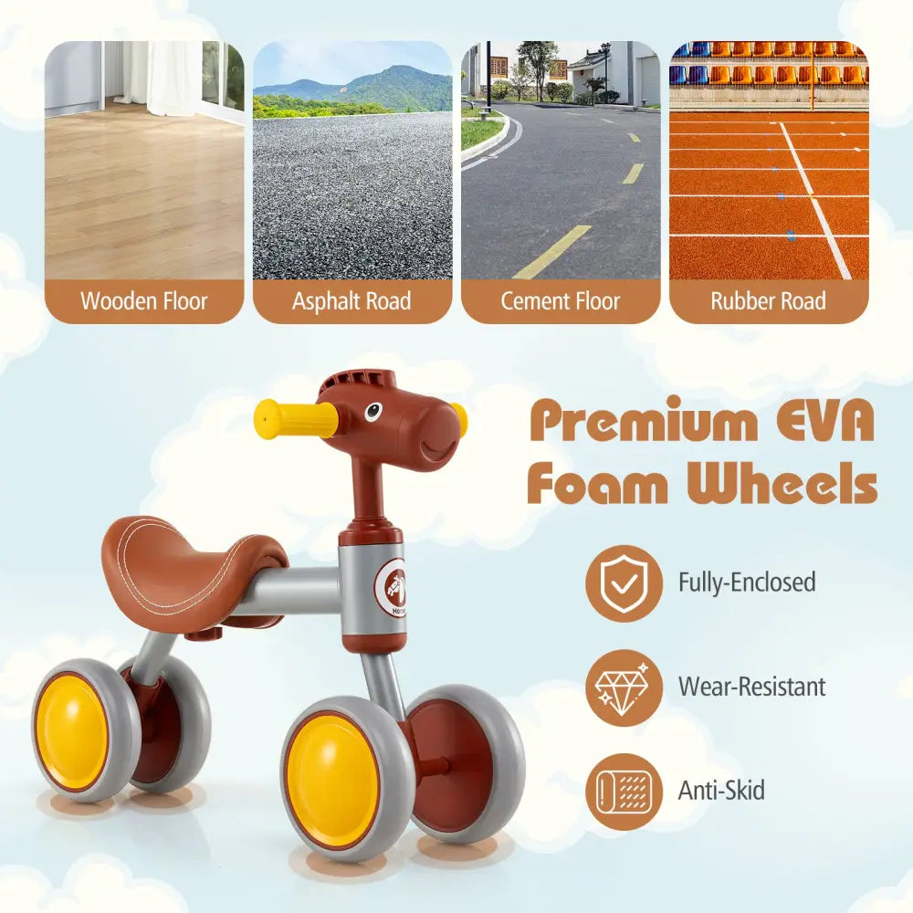 Baby Balance Bike No Pedal 4-Wheel Bicycle-Brown - Brown - Balance Bikes